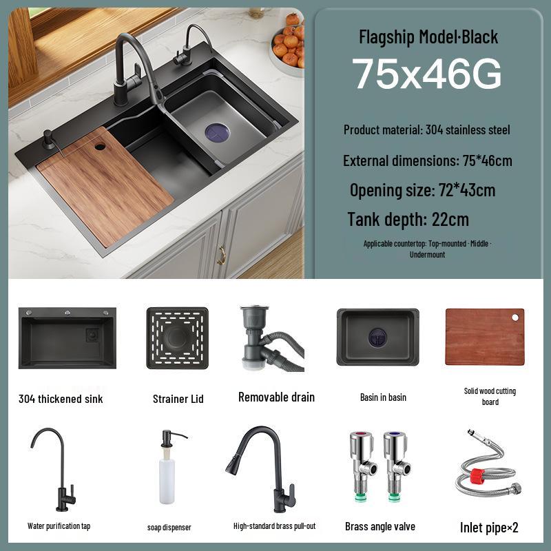 Black Nano 304 Stainless Steel Kitchen Sink: Large Single Bowl Vegetable Washing Basin