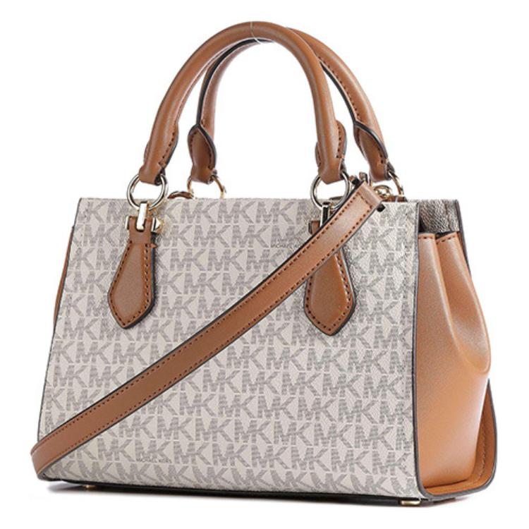 Michael Kors Mk Crossbody Logo Letter Badge Coated Canvas Small Bucket Handbag Medium Women Handbag Gold Ivory Brown 32F2G6AC1B-149