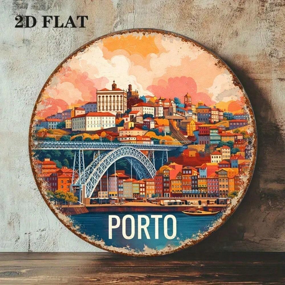 1pc 8x8in Vintage Porto Cityscape Sign, 2D Flat Round Plaque With Bridge Travel Souvenir Decor, English Wall Art For Bar Cafe