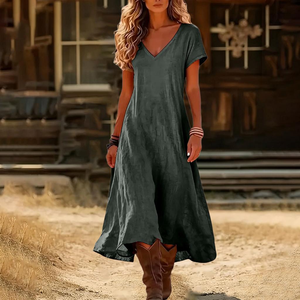 Fashion Women's Color V-neck Long Dress Loose