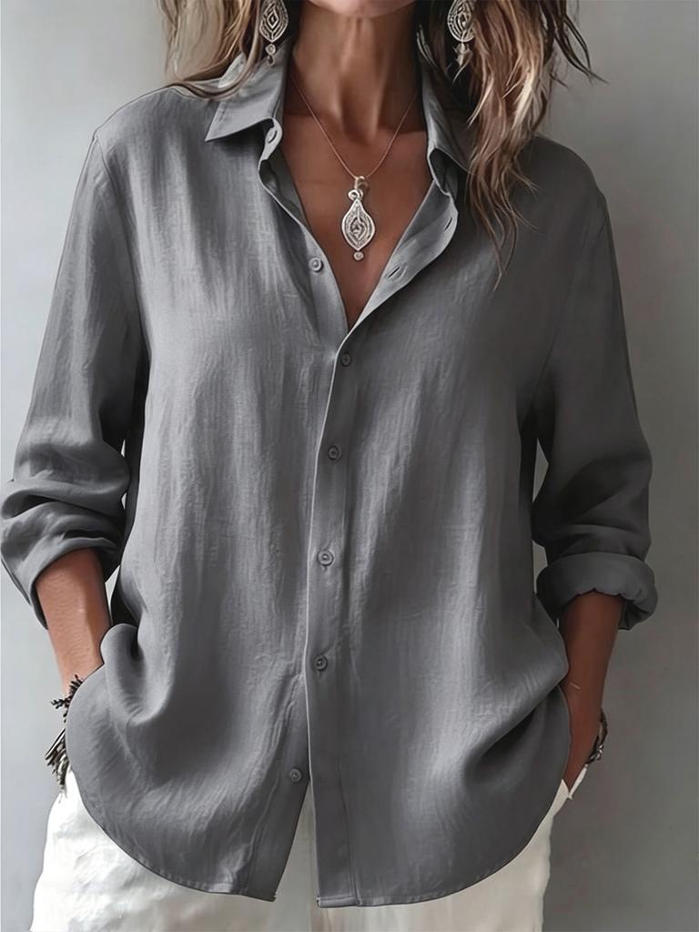 Women's Oversized White Linen Button-Down Shirt - Relaxed Long Rolled Sleeve Casual Summer Beach Vacation Blouse