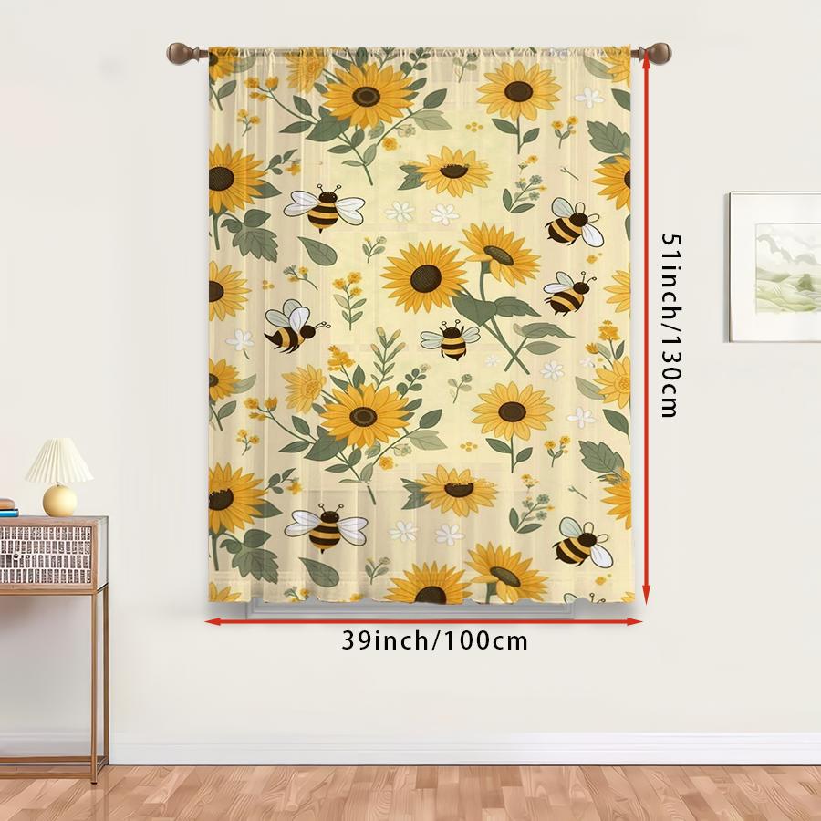 1PC Sheer Curtain Sunflower Bee Cartoon Yellow Print, Rod Pocket Window Curtain for Living Room Bedroom Kids Decor