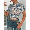 Women S Elegant Mesh Printed Ruffled Short Sleeve T Shirt