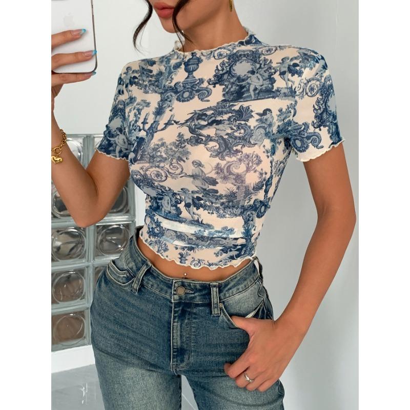 Women S Elegant Mesh Printed Ruffled Short Sleeve T Shirt