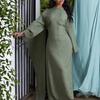 Round Neck Wide Flare Sleeve Satin Textured Maxi Dress Elegant Loose Fit Fall Winter Modest Abaya Style Evening Wedding Guest Floor Length Long Gown