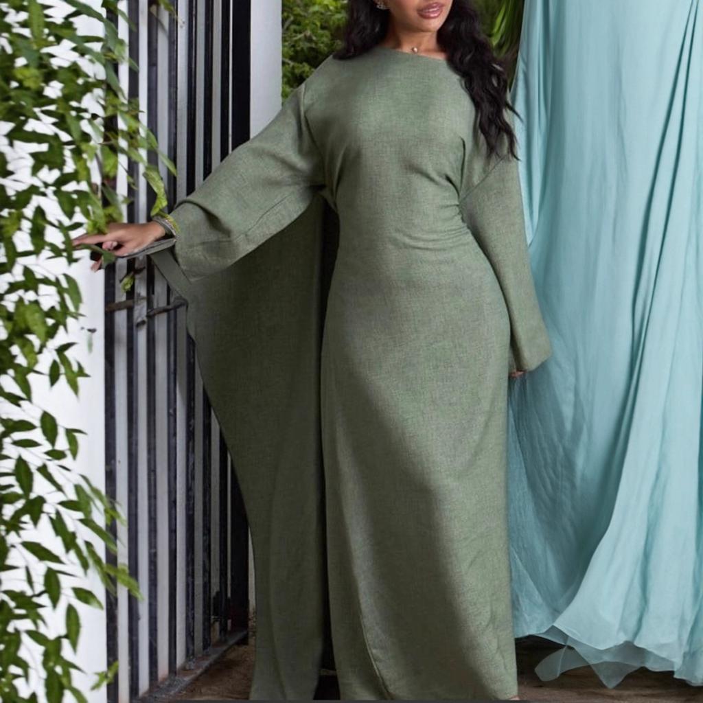 Round Neck Wide Flare Sleeve Satin Textured Maxi Dress Elegant Loose Fit Fall Winter Modest Abaya Style Evening Wedding Guest Floor Length Long Gown