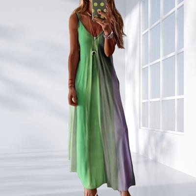 Women's Spaghetti Strap Gradient Long Dresses Summer Casual V Neck Flowy Maxi Dress Loose Beach Sundress