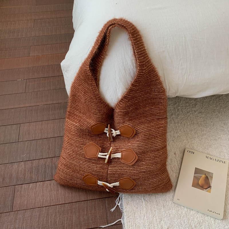 

Повседневная вязаная сумка большой вместимости, женская сумка через плечо для通勤, простая и стильная сумка-тоут коричневый