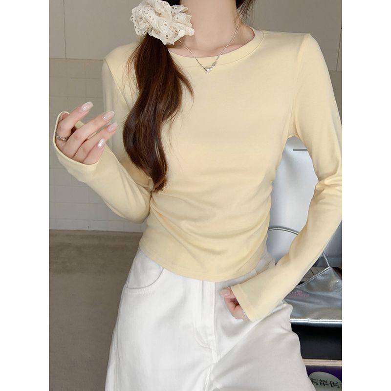 Tricou cu mânecă lungă, cu guler rotund, de bază, slim, pentru femei, pentru primăvară și toamnă, culoare uni, cu decolteu rotund, top slim