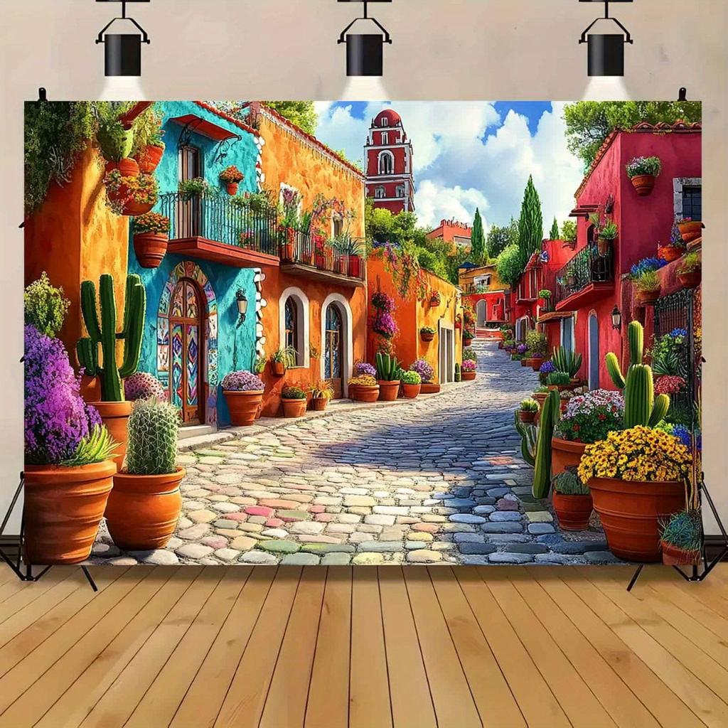 The Vibrant Mexican Village Party Banner - Colorful Street Scene with Potted Plants and Cobblestone Paths
