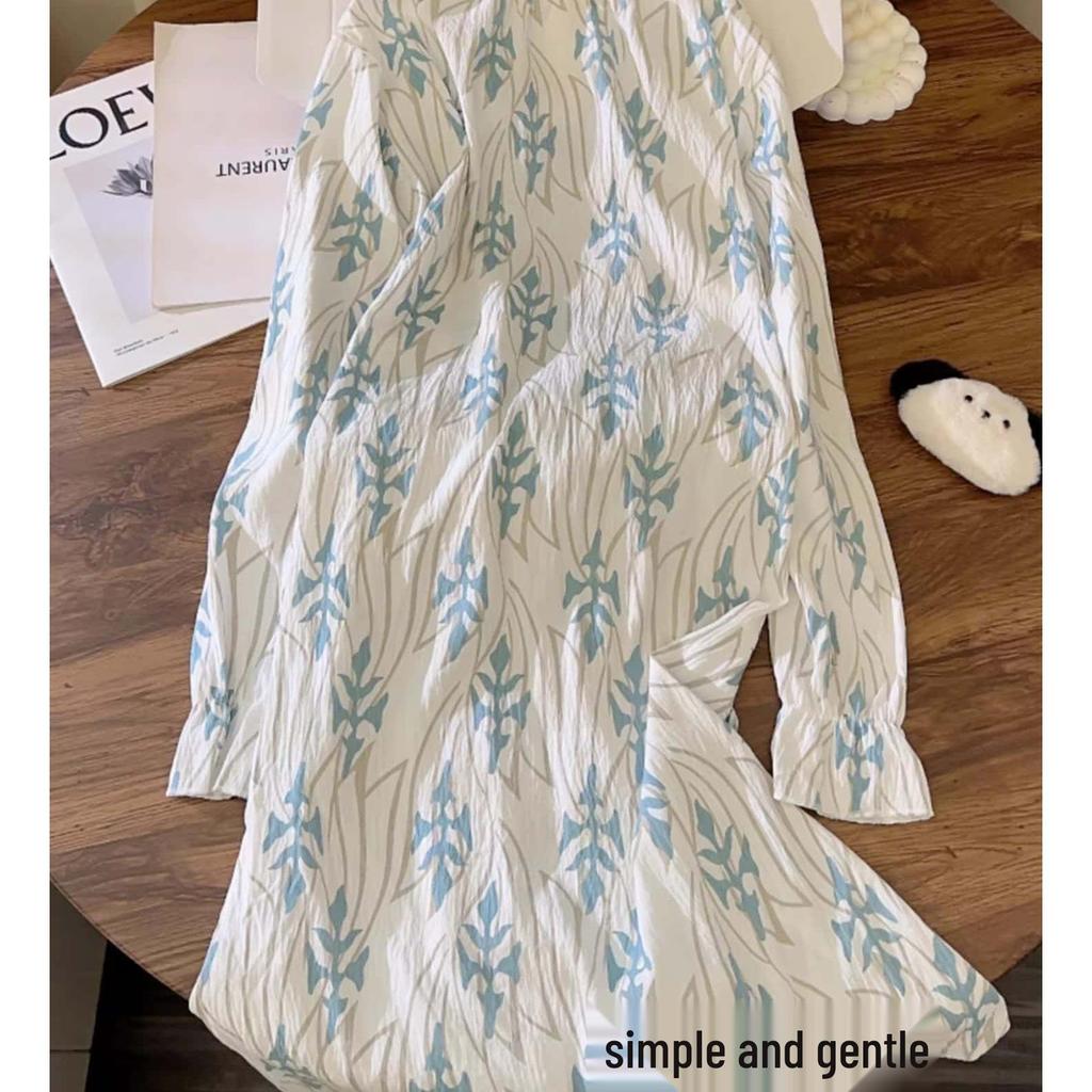 2026 Spring Cloud Cotton Long Sleeve Tie-Up Nightgown - Sweet, Cute, Comfortable Women's Loungewear