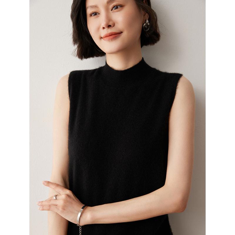 Women's Sleeveless Cashmere Wool Vest - Autumn/Winter High Neck Knit Sweater Base Layer