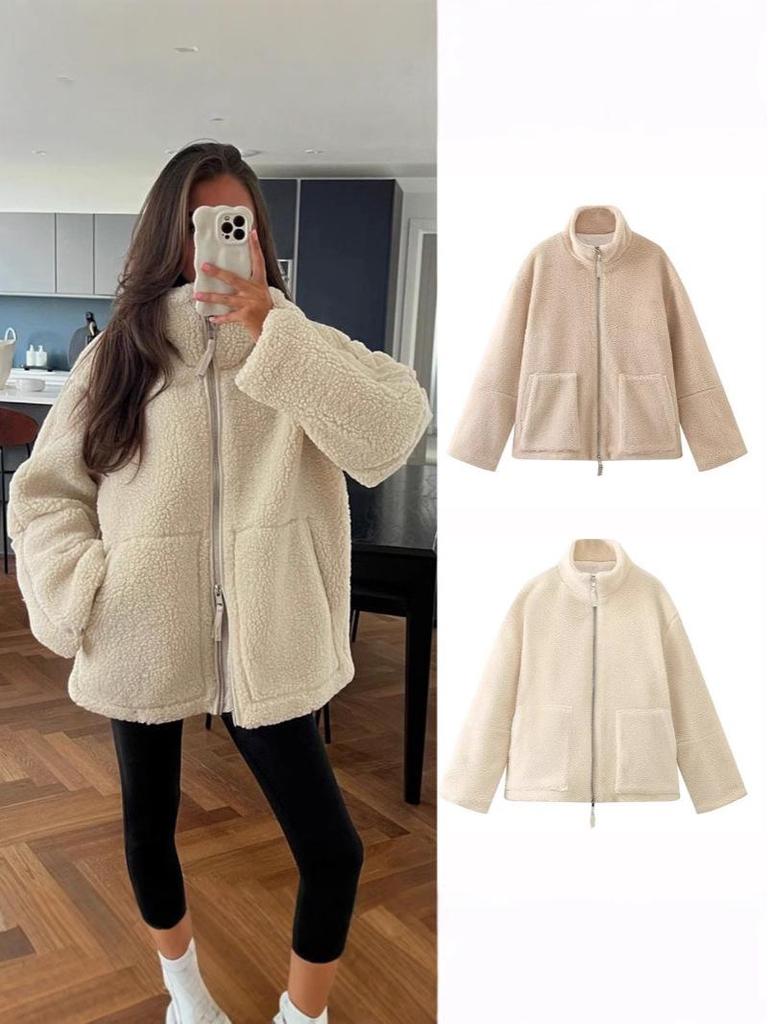 2024 European-American Style Women's High Neck Lamb Wool Blend Plush Coat