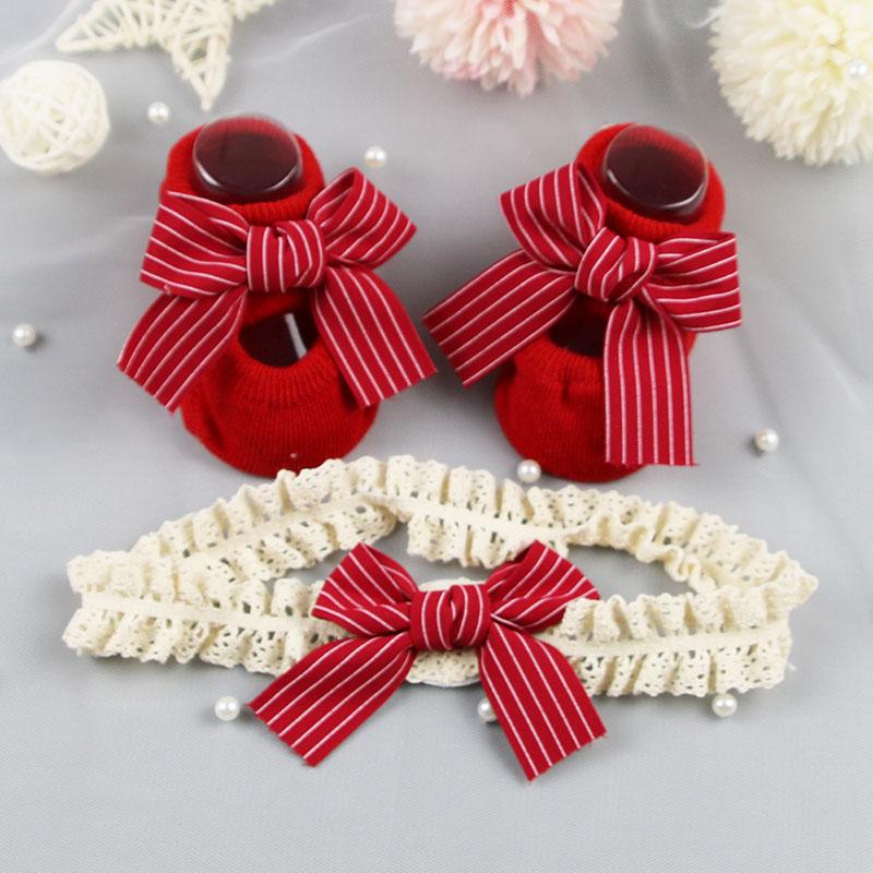 2Pcs/Set Newborn Baby Girl Socks Headband Cute Heart Striped Baby Headband Bow Infant Baby Socks Christmas Baby Shower Gift