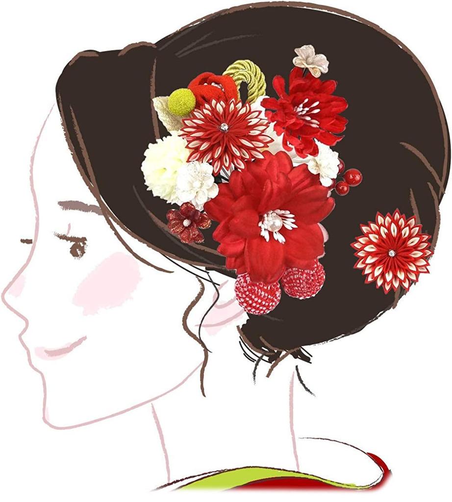 Hair Ornament 3 Piece Set Red Red Hair Ornament 2 Piece Set Pink White Flower Hairpin Tsumami Craft Comb Shape Furisode Coming of Age Ceremony