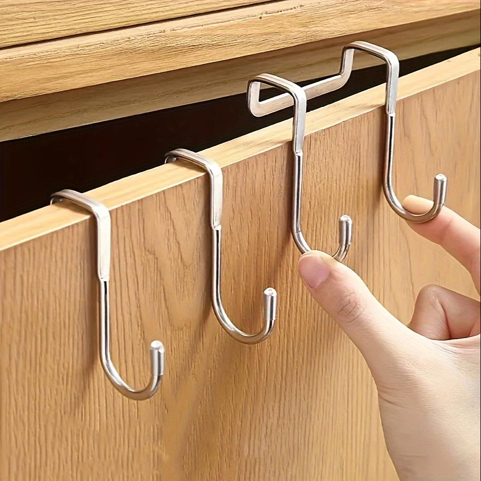 Stainless Steel S-Shaped Double Hook 1pc - Punch-Free Wall Mount Cabinet Door Hanger - Easy Install Traceless Hanging Clothes Hook for Kitchen