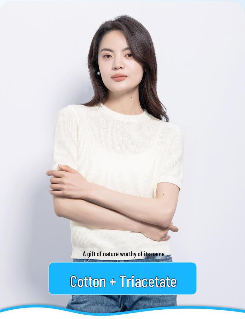 Northern Deer Women's White Knit Top - Summer Short Sleeve, Soft Cotton & Triacetate Blend, Elegant Texture, Style 26113