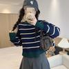 Striped Crew Neck Knitted Sweater Little Girl Autumn New Loose Short Pullover Outside Wearing Contrasting Color Sweater