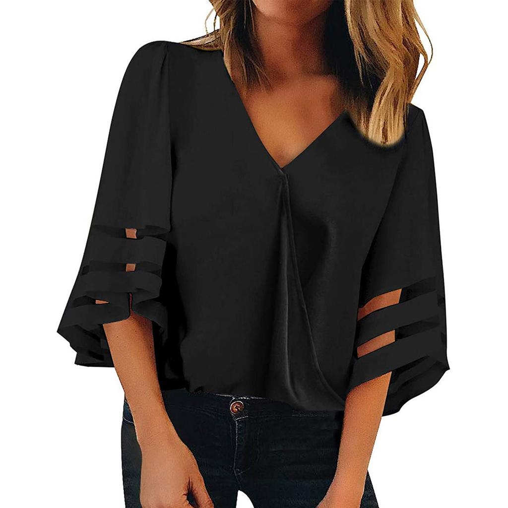 Fashion Women's V-Neck Lace Half Sleeve Casual Solid Hollow Out Tops Blouse