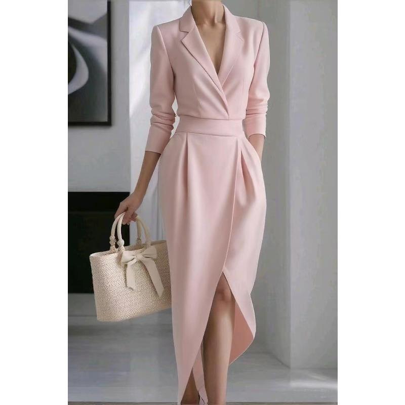 BITCED Women's Fashion Autumn Winter Solid Color Print V-Neck Long Sleeve Casual Dresses