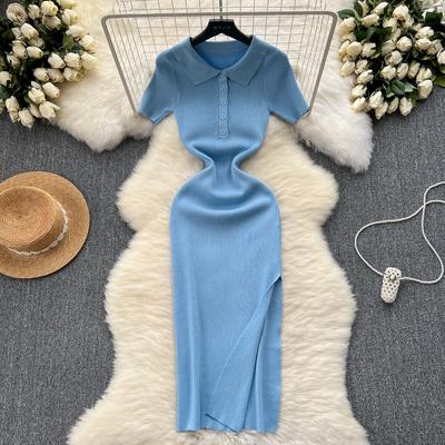 Knitted Long Dresses Solid Spring Summer Buttons Korean Fashion Sexy Vestidos Mujer High Waist Elegant Women Dress