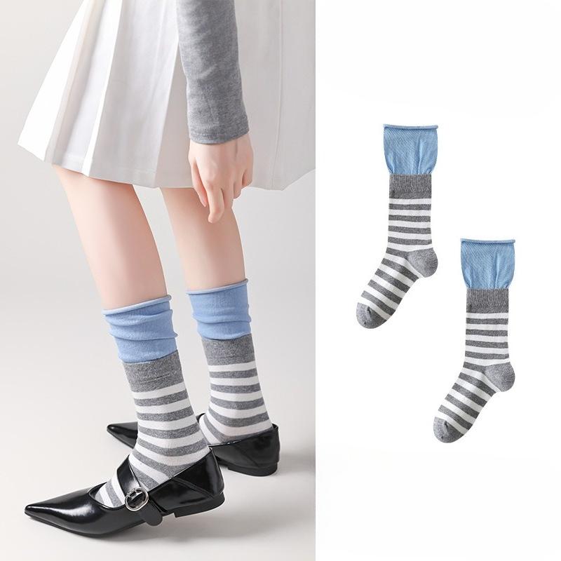 Patchwork Color-blocking Double Flared Striped Mid-calf Socks, Women's Spring and Summer Versatile Retro Long Cotton Socks