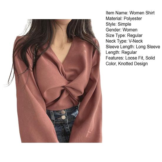 Women Shirt V-Neck Lantern Long Sleeve Pullover Tops Solid Color Knotted Design Regular Fit Tops