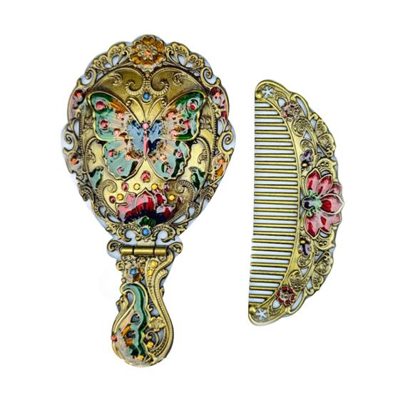 Vintage Folding Hand Mirror with Carved Comb Portable Travel Long Handle Metal Makeup Mirror Women Decorative Handheld Desk Vanity Mirror