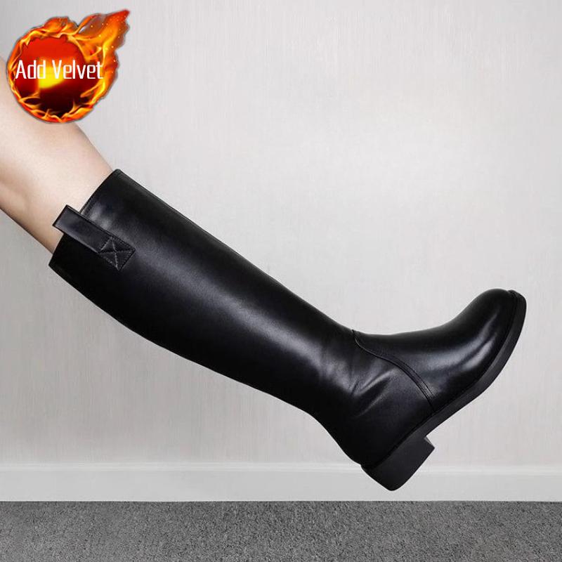 

Fashion Black Leather Elegant Middle Heel Ladies Knee High Shaft Shoes Autumn Winter Fleece-Lined Round Toe New in Women s Long Boots 35