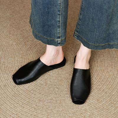Damen Pantoletten Zehenbedeckte Sandalen Neue Sommer Lederschuhe für Damen Moderne Slipper Slides Damen Peeptoe Niedrigabsatzschuhe