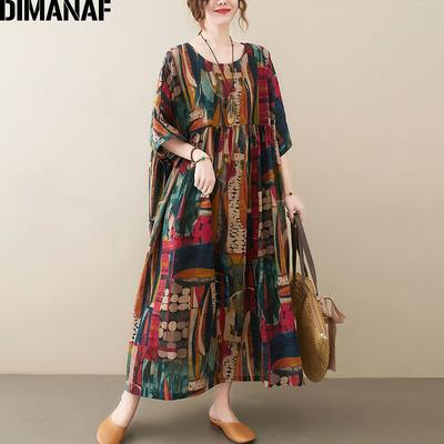 DIMANAF 2021 Plus Size Summer Dress Vintage Women Lady Vestidos Beach Sundress Long Dress Print Oversize Cotton Loose
