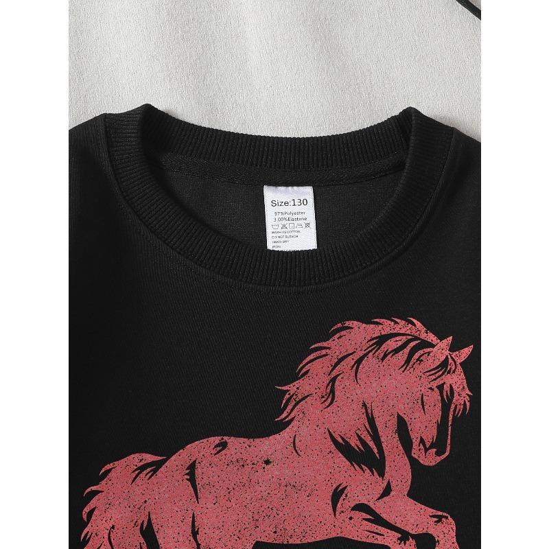 European sizes Kids' Crewneck Sweatshirt Red Horse Silhouette on White Backgroun , Sportswear And Casual Wear, Soft And Comfortable