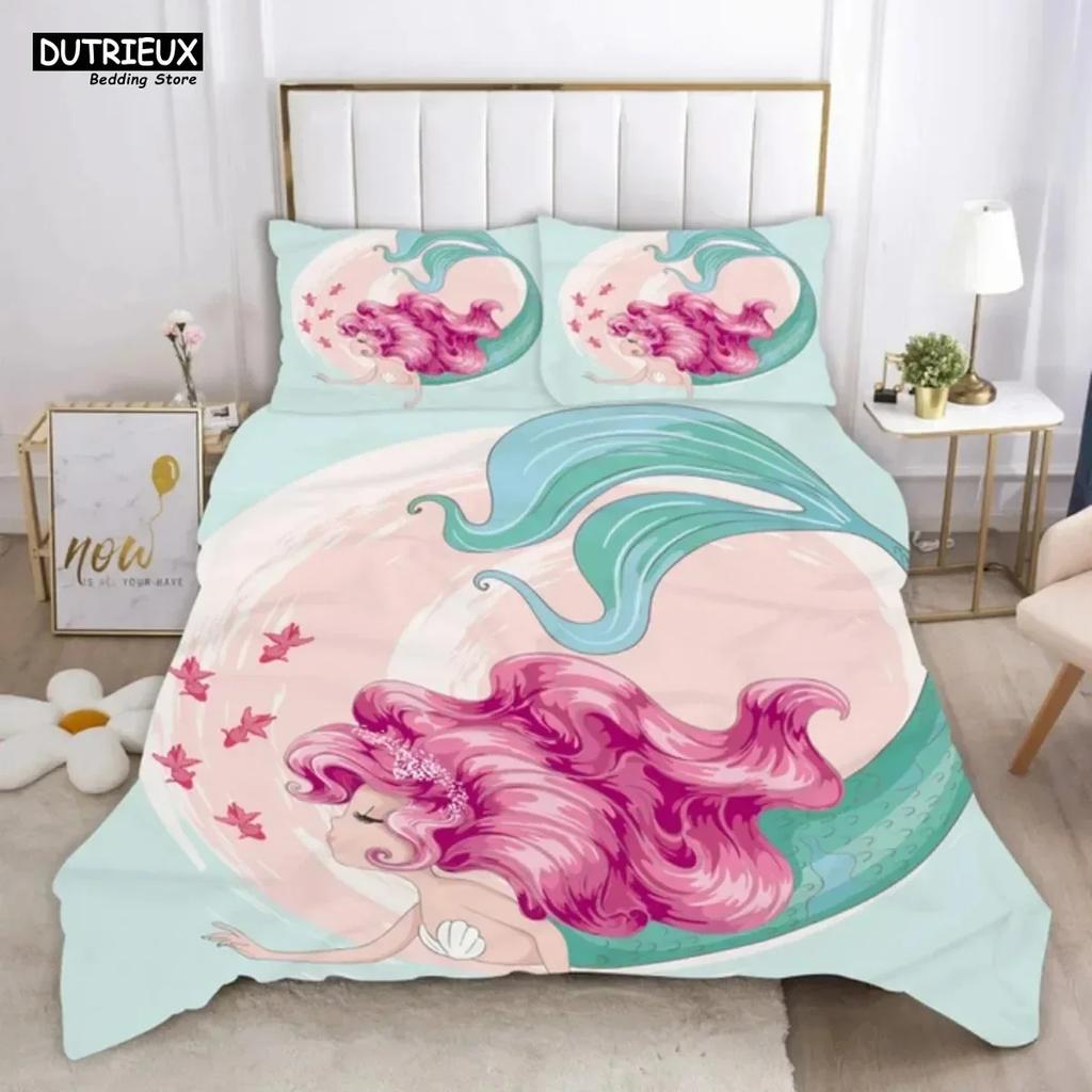 Luxury New 3D Print Cartoon Blue Mermaid Duvet Cover Beautiful Girl With Unicorn Bed Cover Single Double Queen King Bedding Set
