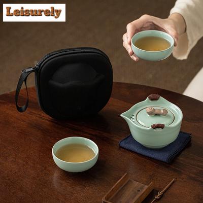 Chinese Ru Kiln Kuaike Cup Handheld Tea Set Kit Traditional 1 Pot 2 Cups Tea Maker Portable Stock Bags Chinese Travel Tea Set