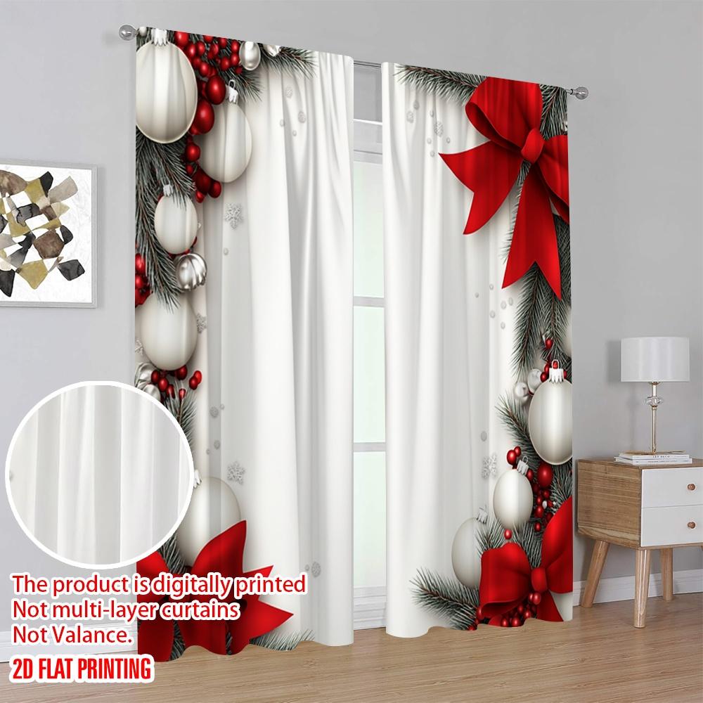 2 Stück, 2D-Flachdruck Moderne Vorhänge Weihnachtskugeln Kiefernzweige Rote Schleifen (4) Polyester, einfache Installation (ohne Stange)