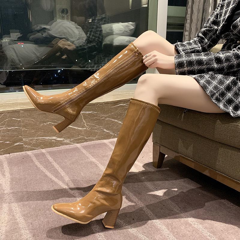 Women  Platform Knee High Boots Autumn New Patent Leather Side Zipper Long Boots Woman Black High Heel Knight Botas Mujer