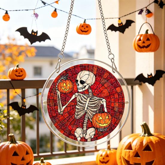 Halloween Acrylic Puzzle Decor, 2D Ghost Pumpkin Skeleton Hanging Sign, Faux Stained Glass Spooky Puzzle for Party Home Decor, Stress Relief Toy