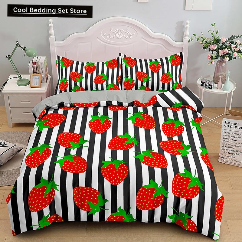 Red Strawberry Cute Bedding Set 3D Pink Lovely Summer Fruit Duvet Cover King Queen For Kids Girls 2/3Pcs Polyester Quilt Cover