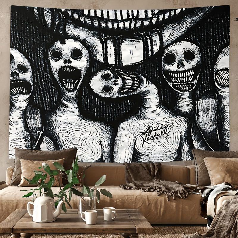 Gothic Horror Tapestry Monochrome Creepy Skull Human Body Sketch Wall Blanket for Grunge Dorm Decor