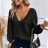Women's Bow Knit Sweater Long Sleeve Backless V-Neck Drop Chunky Pullover Sweater
