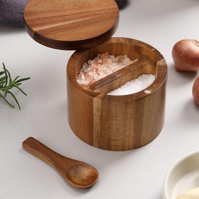 Salt Cellar Box Salt And Pepper Cellar Built-In Spoon Pot For Sugar Kitchen Wood Jar Household Salt Cellar For Home Cafe Hotel