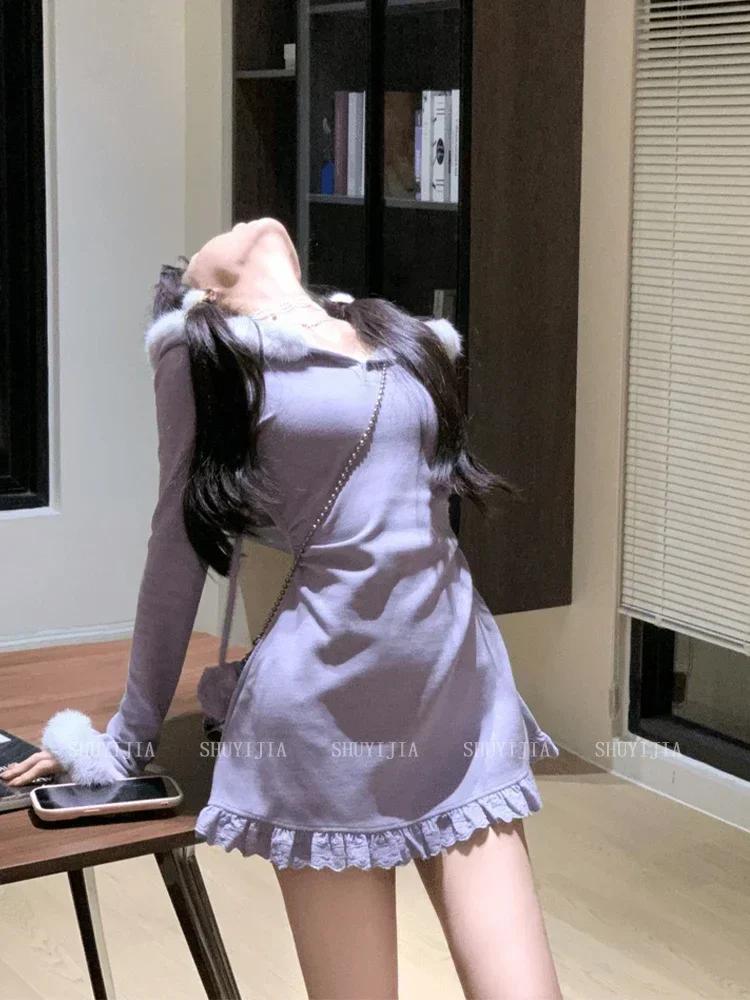 

Осень-зима Новое милое платье с капюшоном для женщин Desire с длинными рукавами вечернее мини-платье женское Pruplle корейская мода теплое платье 2024 L