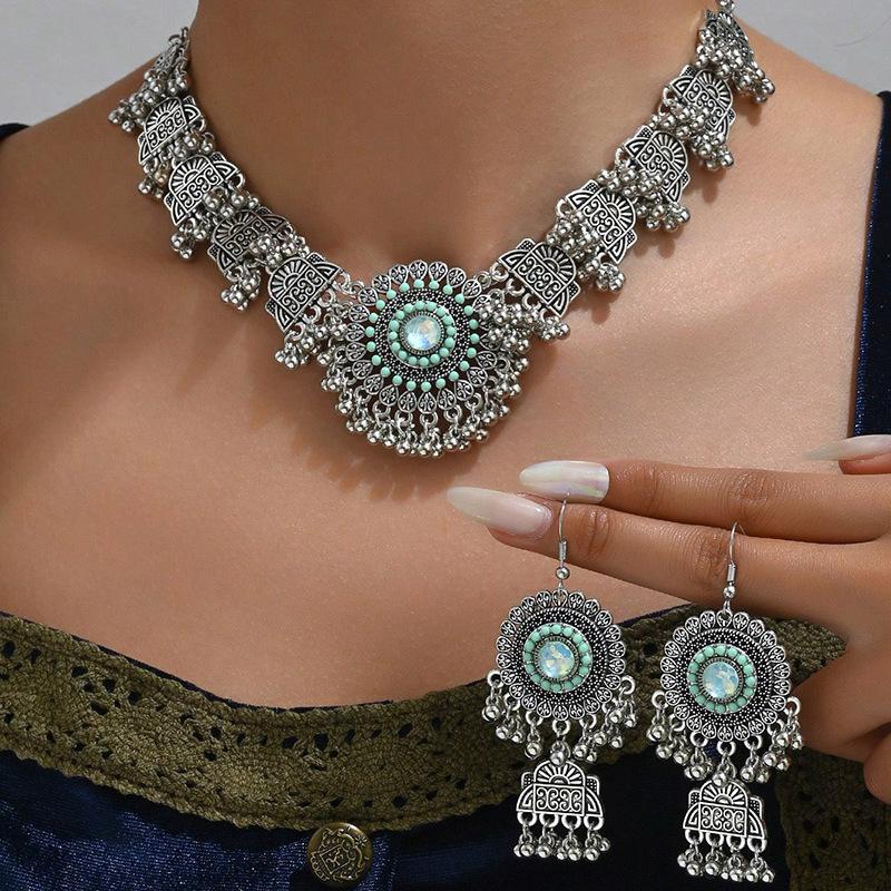Fashion Gemstone Tassel Necklace Earrings Set for Women , Vintage Geometric Alloy Jewelry