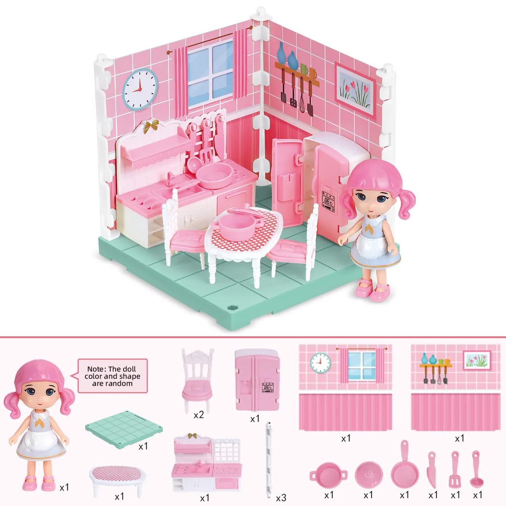 Miniatures House Kit Girls Toys Doll House Mini Room Simulated Bedroom Bathroom Kitchen Study Furniture Play House Toys for Kids
