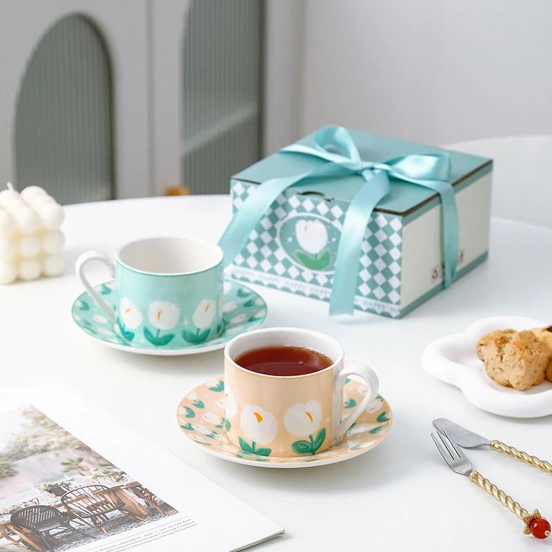 Tulip Ceramic Coffee Cup Tea Juice Breakfast Mug Flower Shaped Afternoon Milk Cup with Saucer Drinking Water Cups.for Home Party