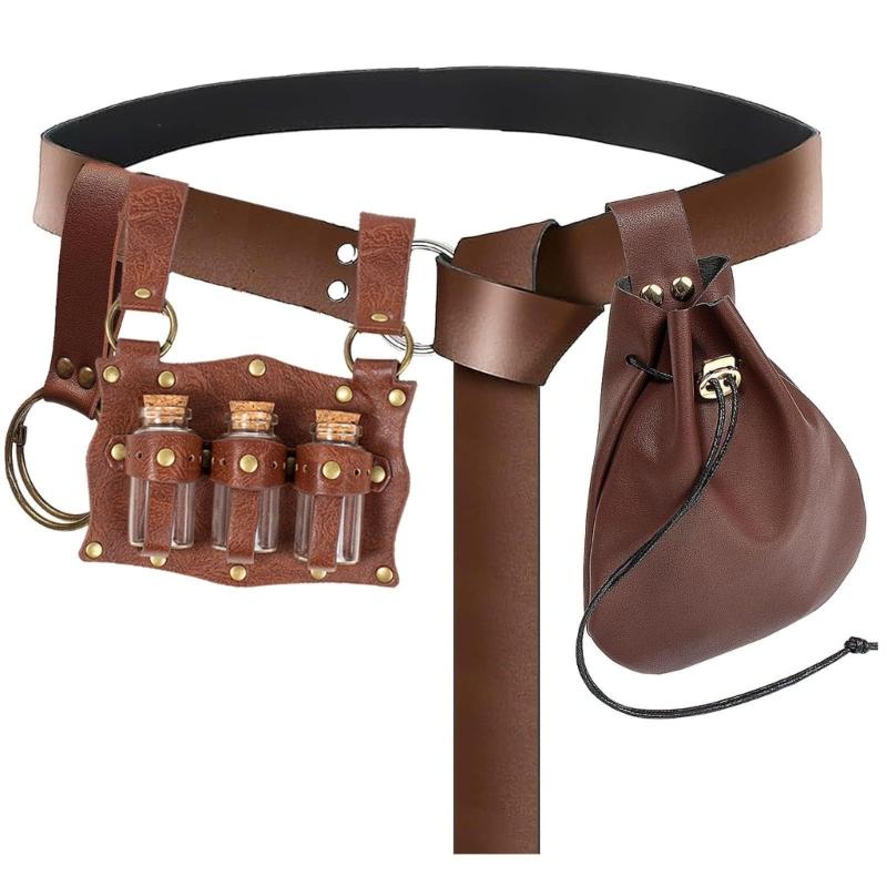 Renaissances Vikinges Costume Accessories,Medieval Pirate Pu Belt Cork Bottles Halloween Renaissances Cosplay Costume коричневый