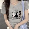 Grey Crew Neck Front Shoulder Short Sleeve T-Shirt Women's American Retro Cartoon Cat Print Casual Versatile Cotton Top Women