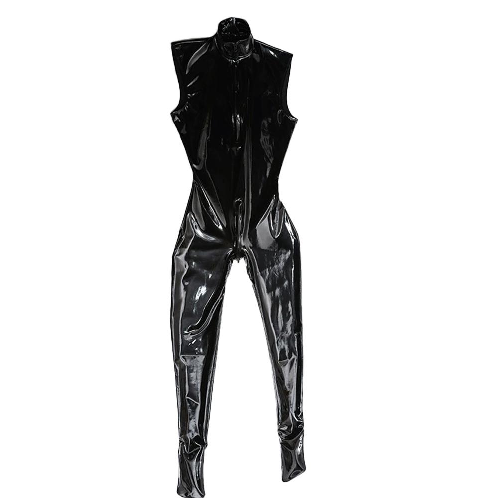 Sexy Men Elastic Pu Bodysuit Sleeveless Zipper Open Crotch Sexy Tights Pvc Latex Glossy Shiny Stage Dance Wear Plus Size