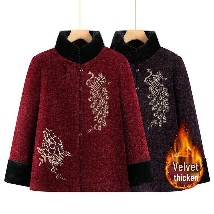 Embroidered Velvet-Lined Winter Jacket for Elderly Women - Cozy, Trendy Cotton Outerwear for Moms and Grandmas