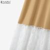 ZANZEA Women Casual Round Neck Short Sleeve Lace Splice Long Dress